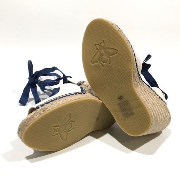 GUCCI GG RIBBON TIE WEDGE ESPADRILLES -WHITE /NAVY -US 8.5 -NEW - Picture 9 of 10